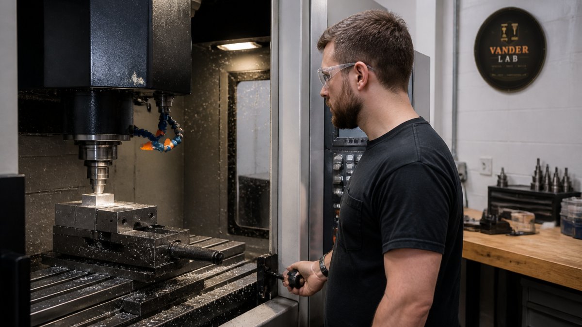 Professional machinist operating precision CNC milling machine with metal shavings visible, monitoring digital readout in bright workshop lighting