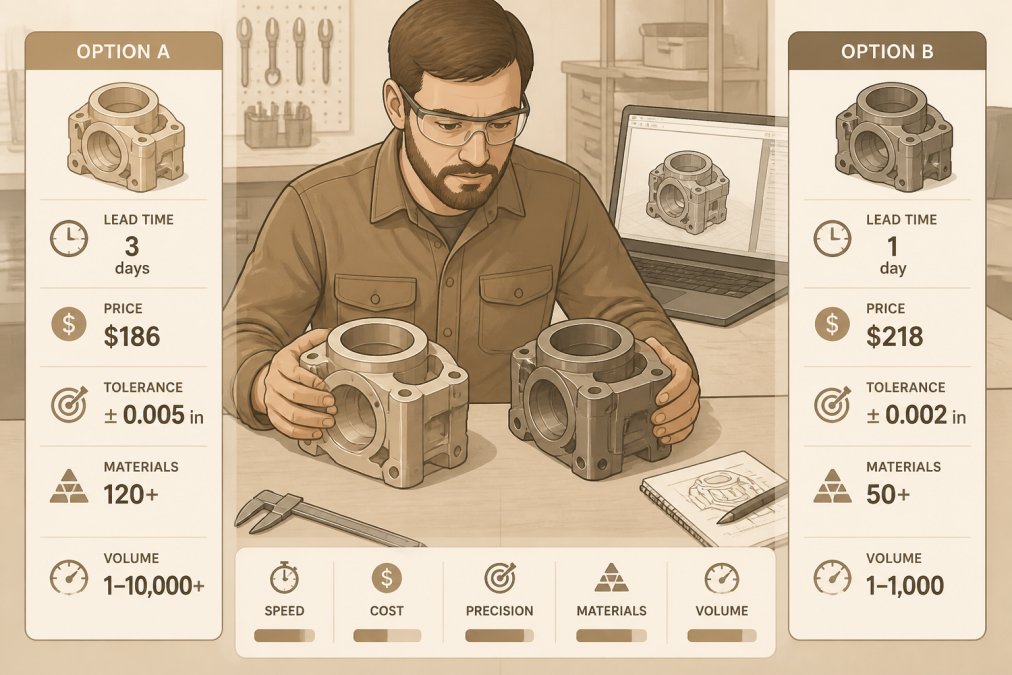 An engineer in a workshop comparing two custom-machined metal parts side by side on a workbench, with a laptop showing a CAD model in the background