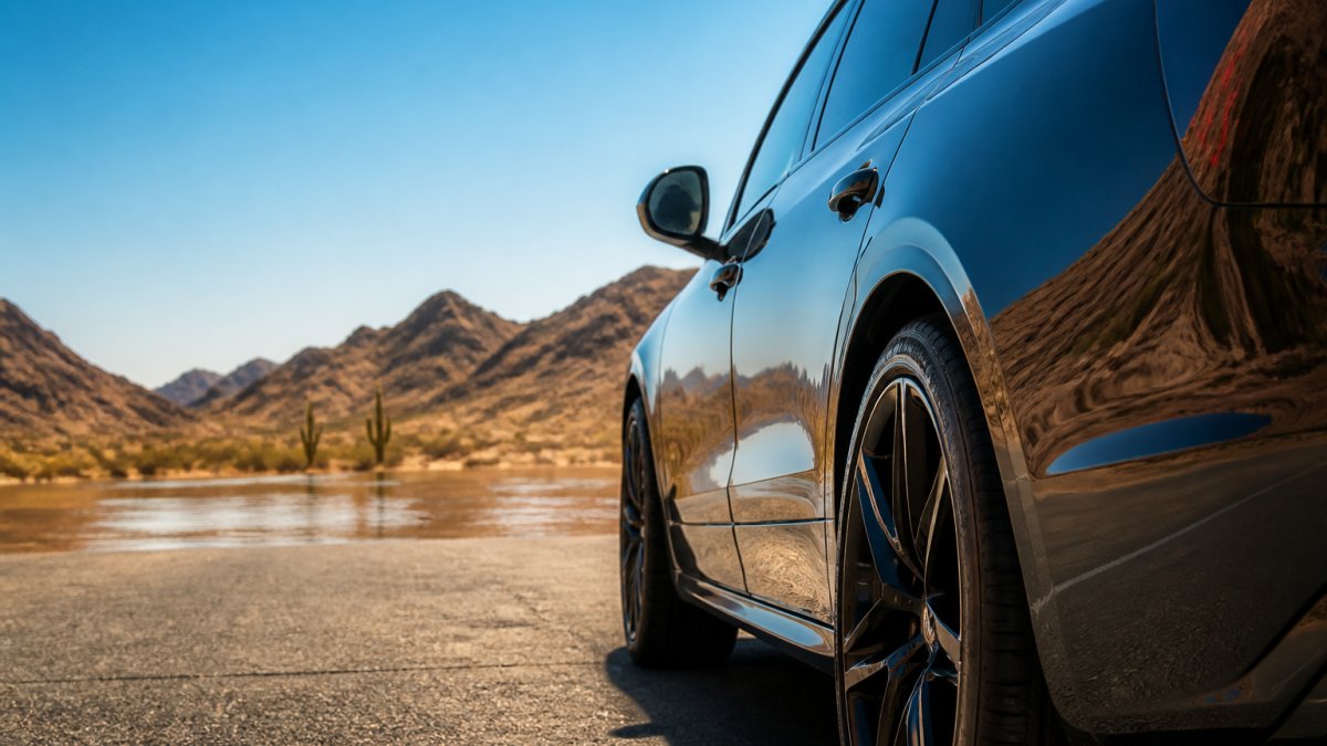 Luxury vehicle parked in intense desert sunlight with visible heat waves rising from the asphalt, showing the vehicle's glossy paint surface reflecting the bright sun in an arid landscape with minimal vegetation