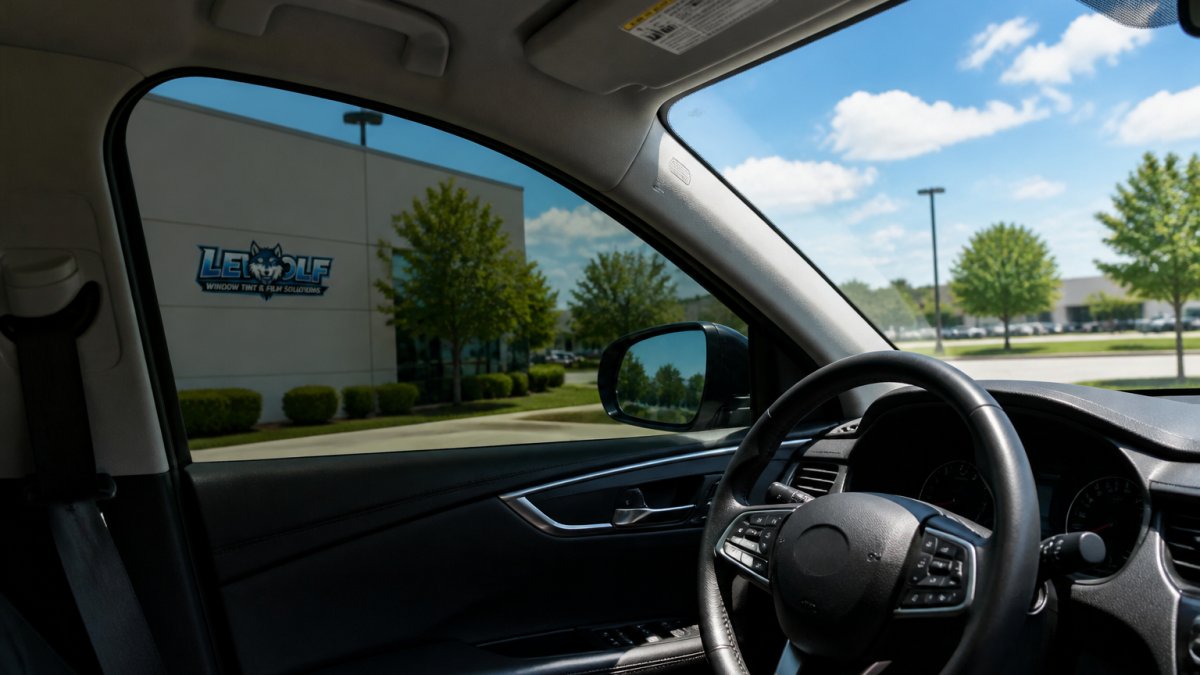 Infographic showing how XPEL window tint reduces interior glare and heat while maintaining clear visibility.