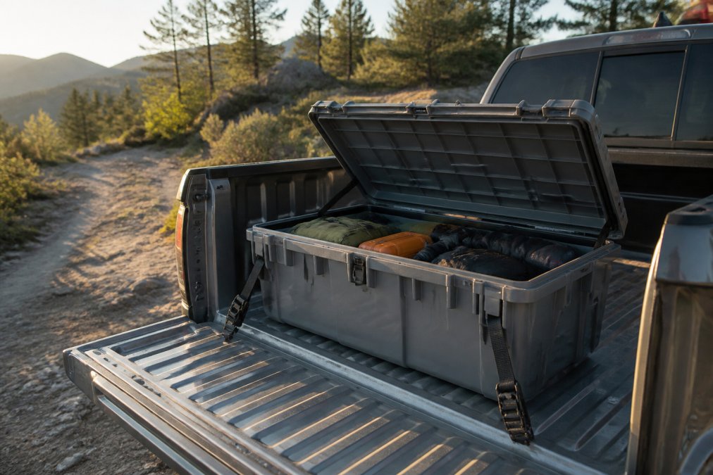 Truck bed with mounted gray hard-shell storage case secured with tie-down straps, expedition gear visible inside, morning sunlight on aluminum truck bed