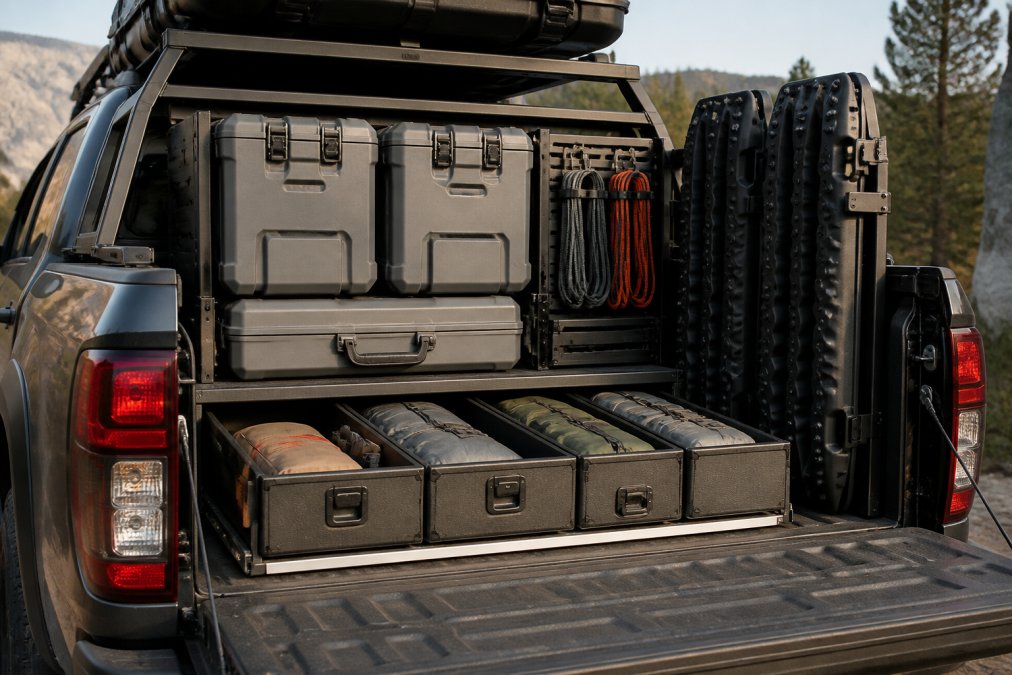 Organized truck bed interior with gray hard-shell storage boxes, neatly coiled L-track straps, recovery boards mounted vertically, and labeled compartments for camping gear under morning light