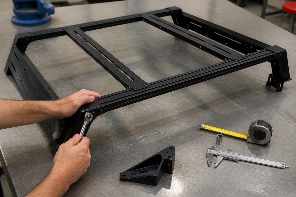 Hands assembling aluminum extrusion components with socket wrench and measuring tools, showing T-slot mounting channels and CNC-machined corner brackets on a clean workshop workbench
