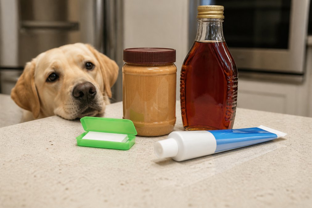 A curious Labrador sniffs a kitchen counter containing household products that are toxic to xylitol dogs.