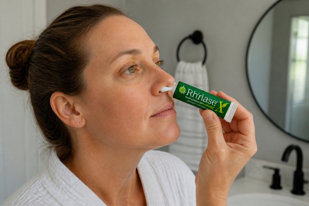 Close-up of hands demonstrating proper xylitol nasal gel application technique, showing the tube positioned at a 45-degree angle to the nasal opening with gentle pressure, in a well-lit bathroom setting