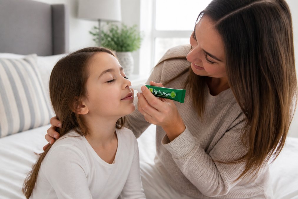 Parent gently applying xylitol nasal spray to child's nose in a calm, bright home setting with soft natural lighting, demonstrating proper technique and child comfort