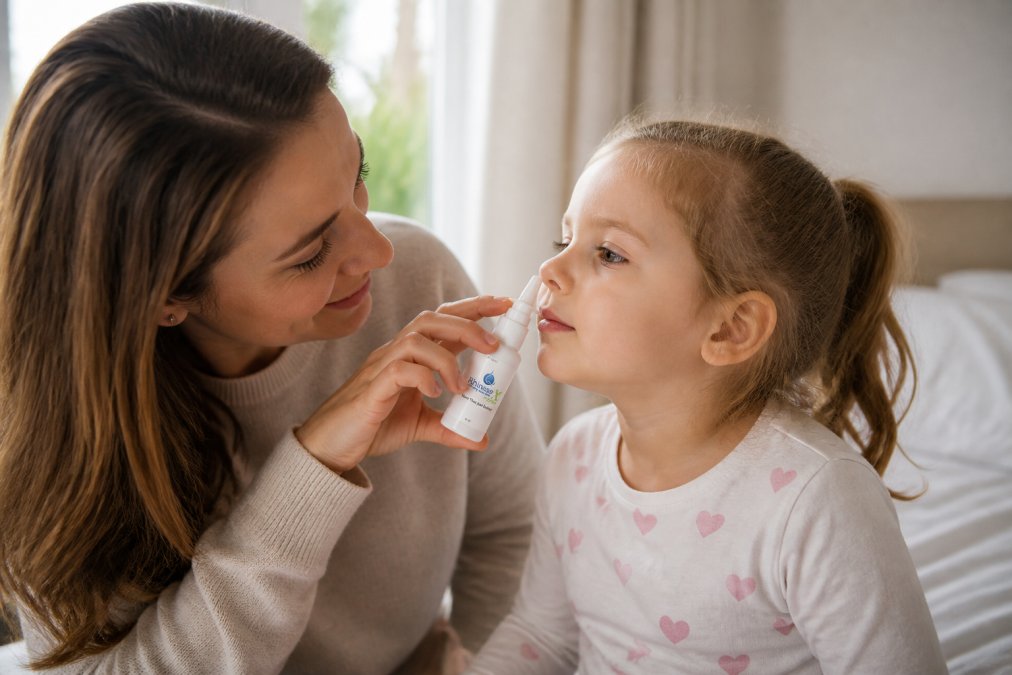 Parent helping young child with nasal spray application in calm, reassuring home setting with soft natural morning light streaming through window