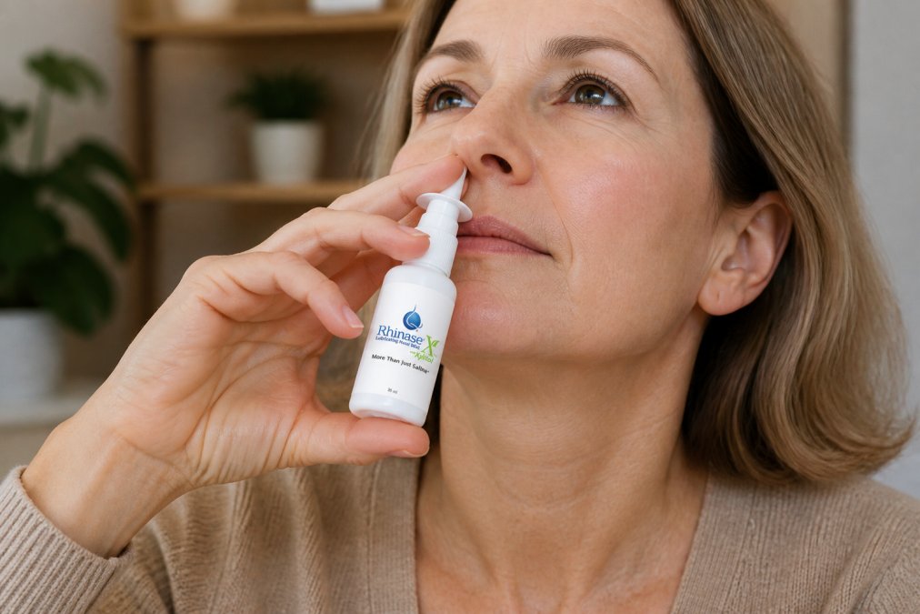 Close-up of hands demonstrating proper nasal spray bottle positioning at nostril entrance with head slightly tilted, showing correct angle and technique with natural indoor lighting