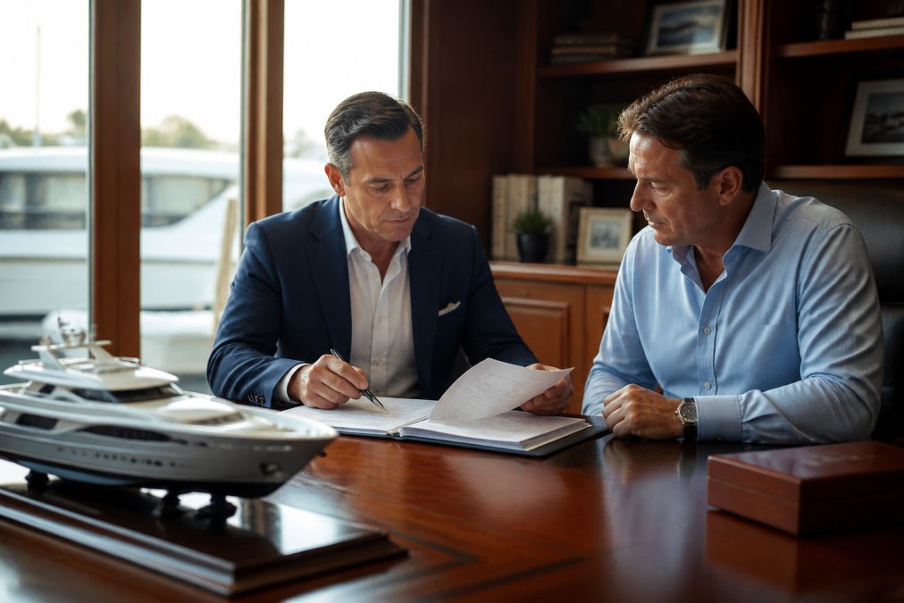 Professional yacht broker and seller reviewing detailed contract documents at a polished mahogany desk, with a scale model yacht and closing paperwork visible in afternoon natural light