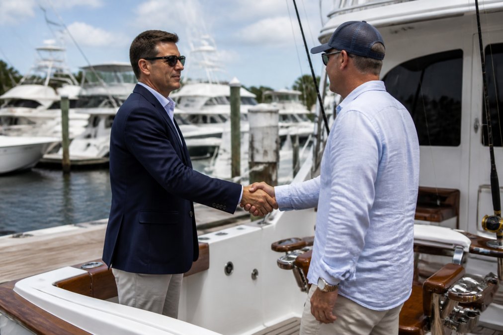 A yacht broker in business attire shaking hands with a client on the deck of a sportfish yacht at a marina, with other vessels visible in the background