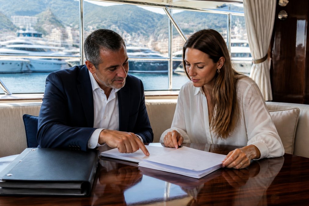 Yacht broker and owner reviewing sale documents during a yacht brokerage consultation aboard a superyacht.