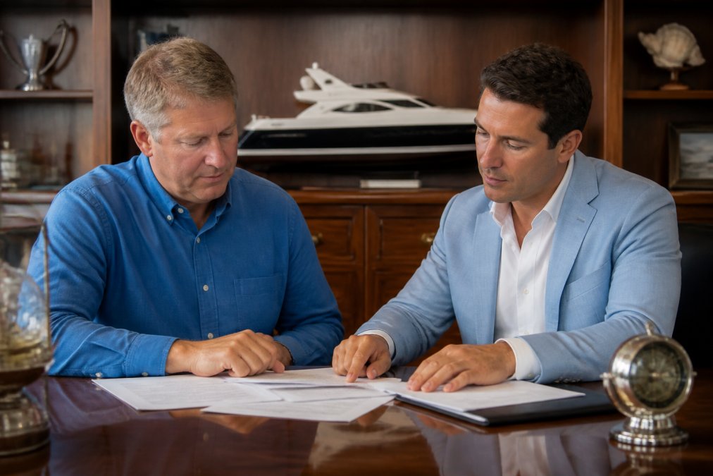 Professional yacht broker and vessel owner reviewing contract documents at a polished desk with a model yacht and nautical décor visible in the background, natural office lighting