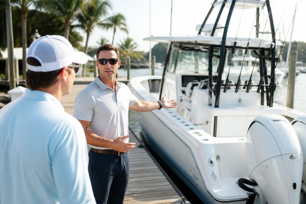 Experienced yacht broker standing on a dock next to a luxury center console, gesturing toward the vessel while speaking with a client in casual waterfront attire, morning sunlight on the water