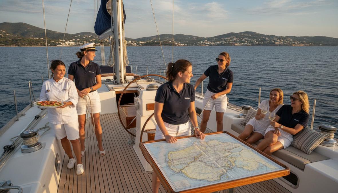 Illustration showing the benefits of Mediterranean for yacht charter female only crew