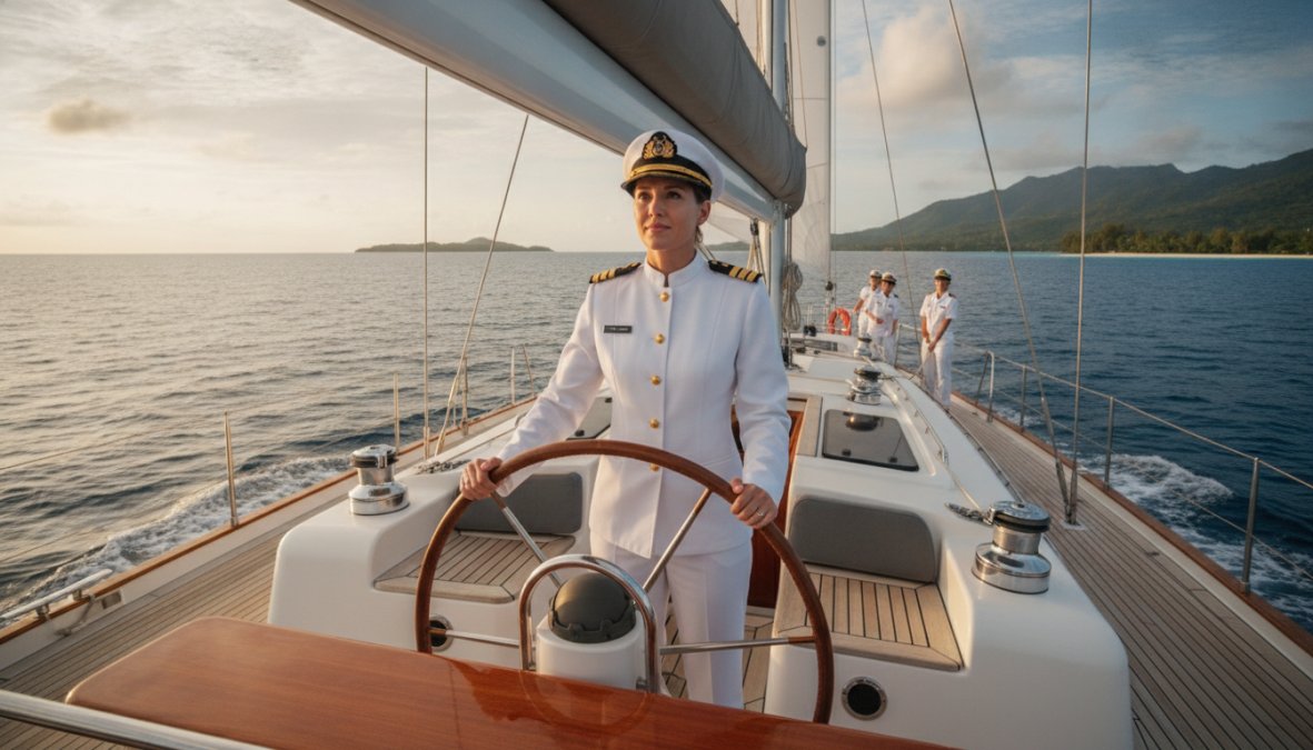 Professional illustration showing confident and female and captain concepts for yacht charter female only crew