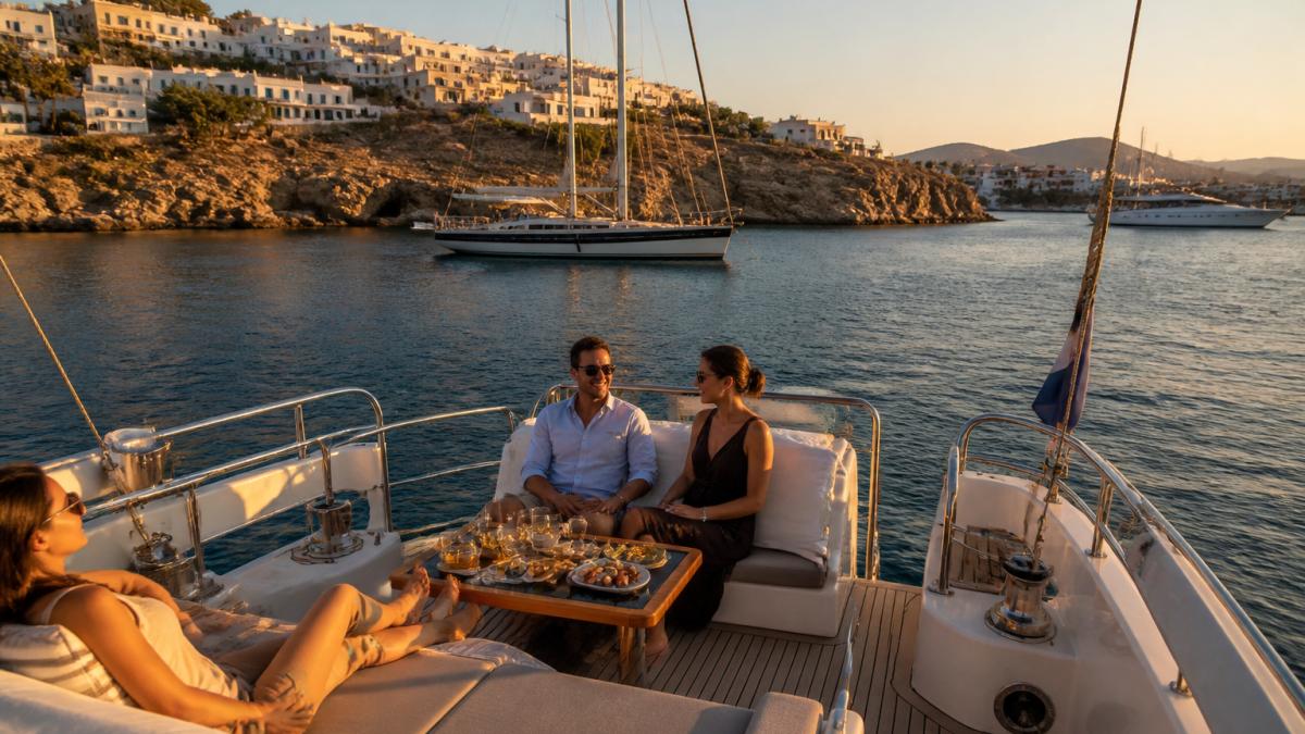 Guests relaxing on a yacht charter anchored in a serene Greek bay at golden hour with a whitewashed village behind.