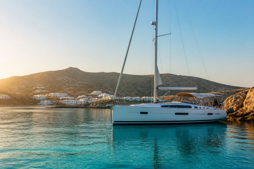 White sailing yacht at anchor in a turquoise Aegean cove during a golden hour yacht charter cruise
