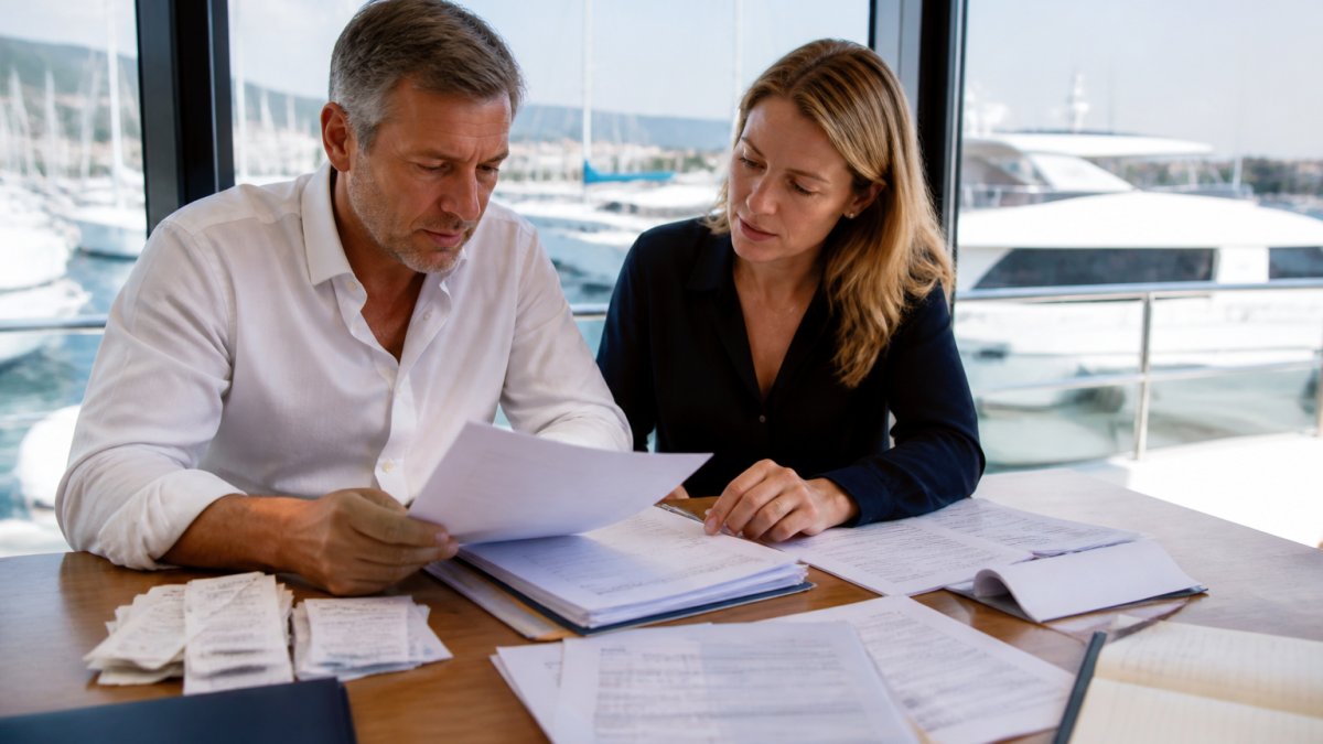 A yacht owner and accountant reviewing charter agreements, invoices and receipts spread across a desk in a bright waterfront office, laptop open with a spreadsheet