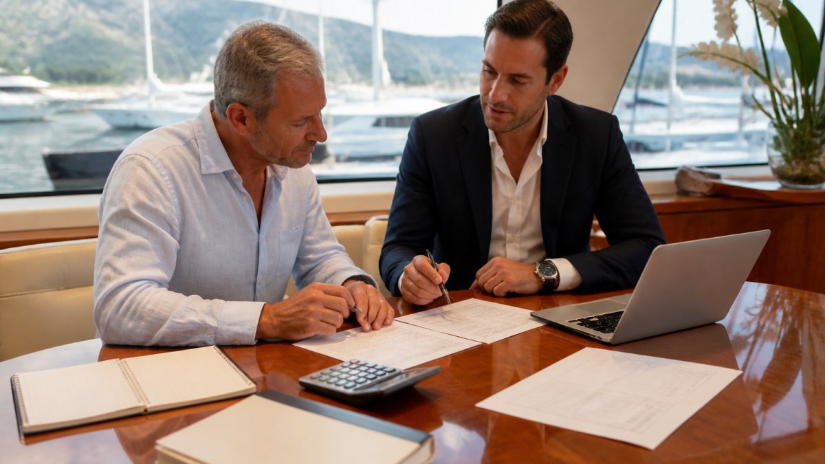Flowchart illustrating yacht charter management income, operating costs, and management fees breakdown.