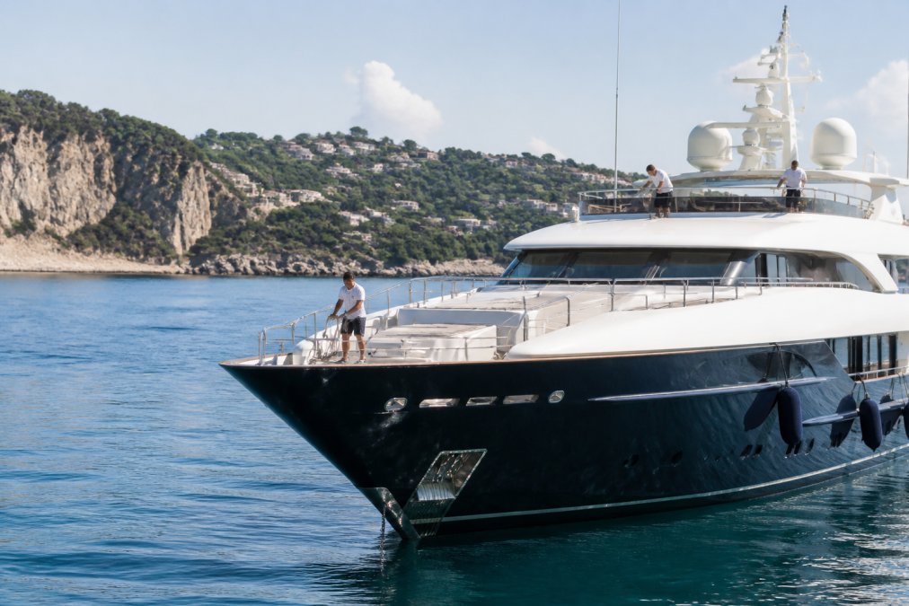 A sleek luxury yacht anchored in crystalline Mediterranean waters with professional crew members visible on the upper deck preparing the vessel for incoming guests, morning sunlight reflecting off the water