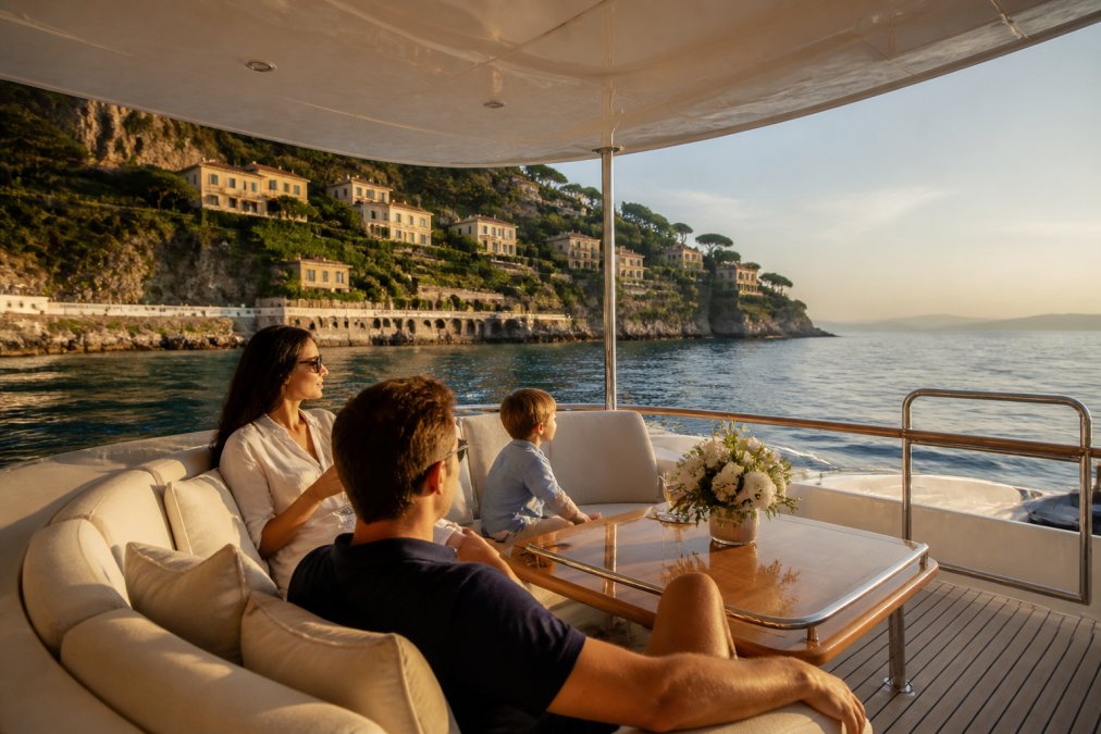 An owner and family relaxing on the upper deck of a private luxury yacht during personal use time, with the vessel moored in a scenic Mediterranean coastal setting bathed in golden afternoon light