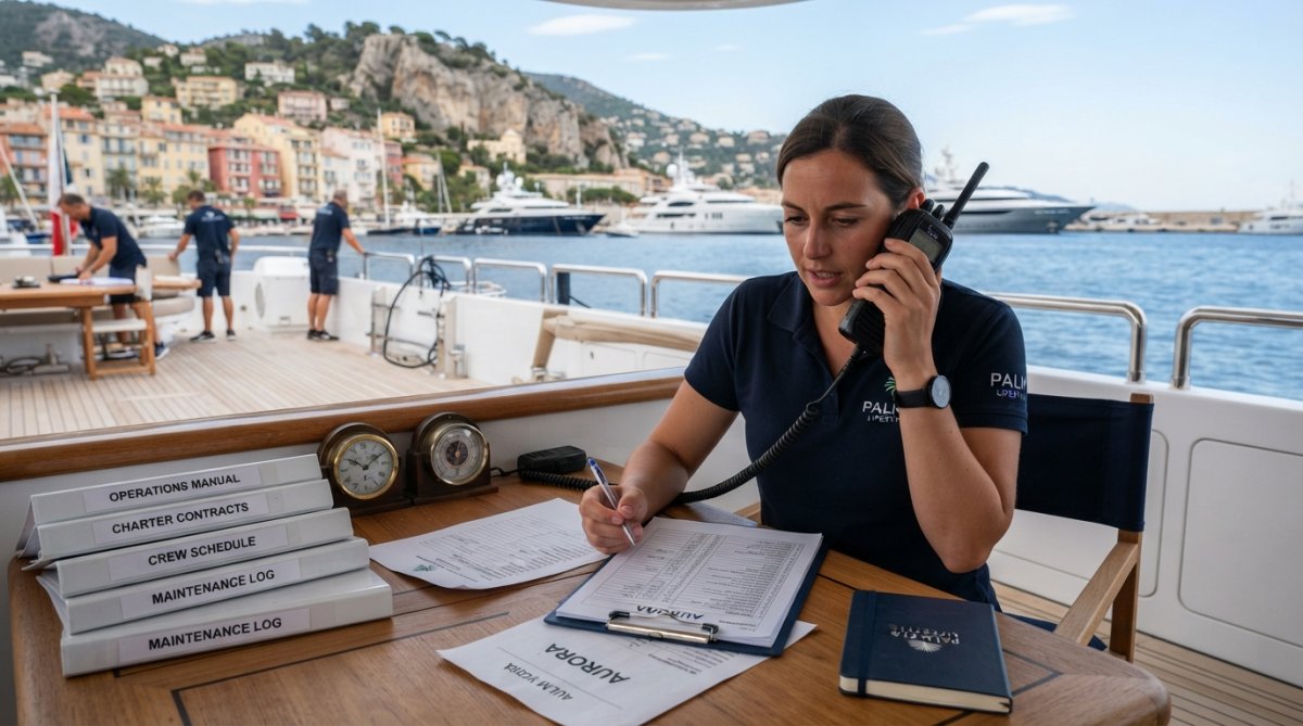 Professional crew members on a luxury superyacht deck conducting maintenance and operational checks, with Mediterranean coastline in background