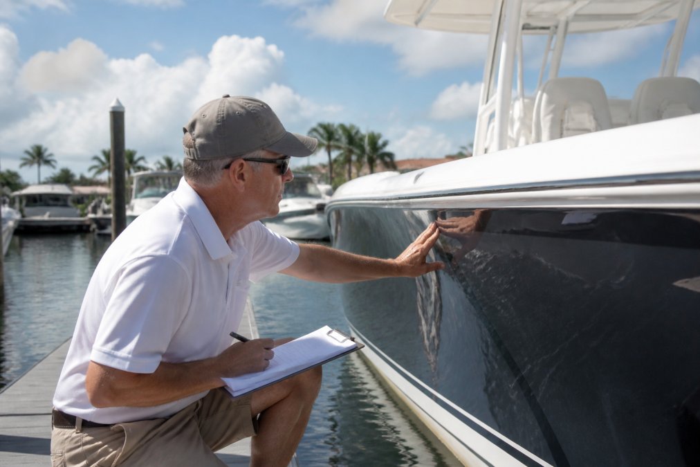 Professional marine surveyor inspecting the hull and structure of a center console yacht docked at a marina, clipboard in hand, examining fiberglass and structural integrity in bright natural light