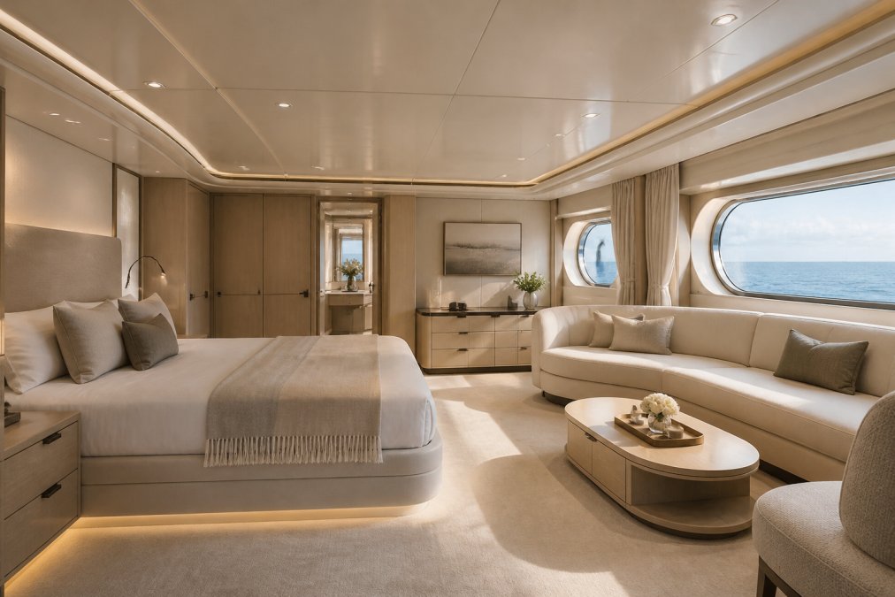 Modern luxury yacht cabin with contemporary furnishings, soft neutral tones, and minimalist decor showing a refined seating area with ocean views through large porthole windows and natural ambient lighting