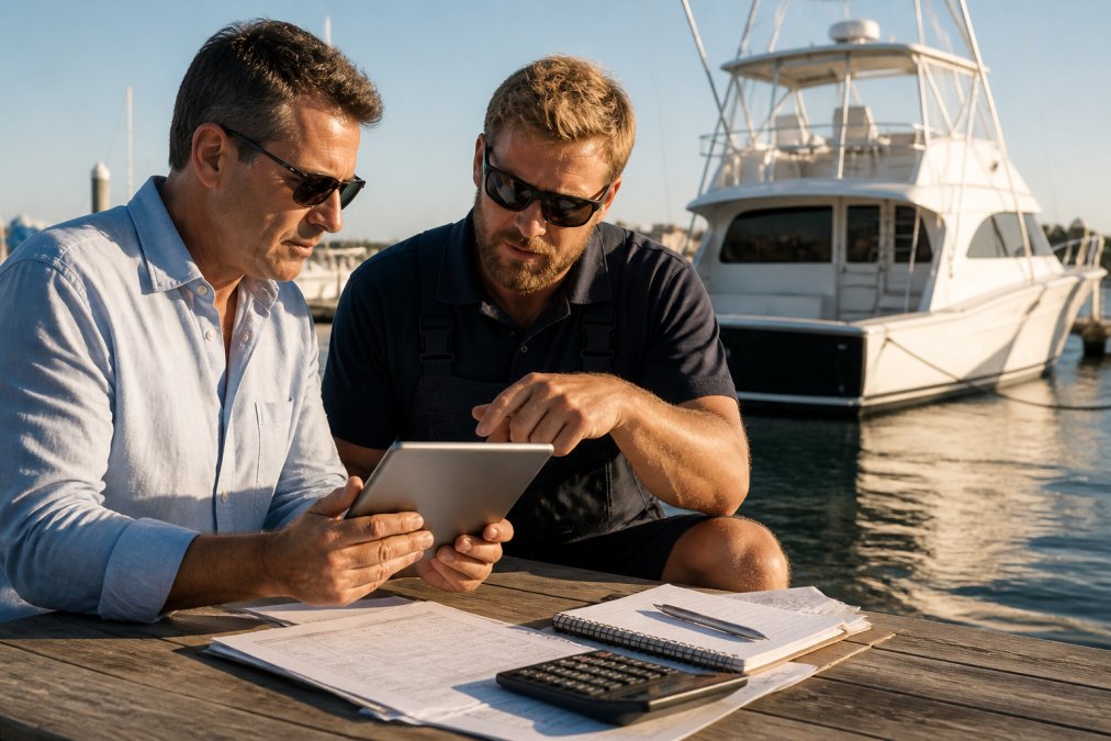 Yacht owner and marine engineer reviewing yacht maintenance costs on a tablet at a sunny marina dock