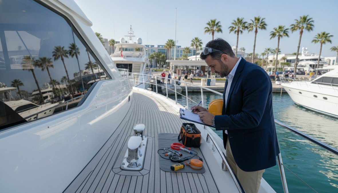 Professional illustration showing marine and surveyor and professional concepts for yacht market valuation for sellers