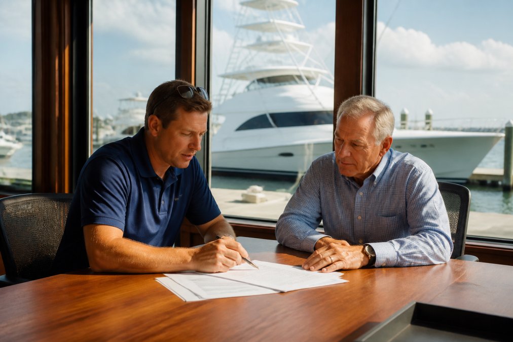 A yacht broker and client reviewing printed contract documents at a marina office table, with a large sportfish yacht visible through the window behind them, warm afternoon light coming through the glass