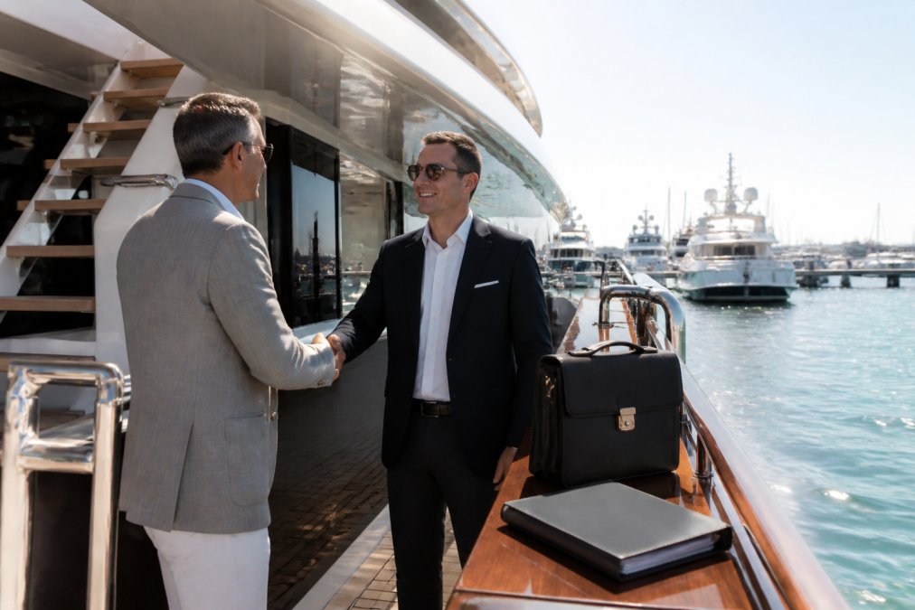 Two professionals shaking hands on the deck of a superyacht at a marina dock, a briefcase and document folder resting on the rail nearby, afternoon sunlight reflecting off the water below