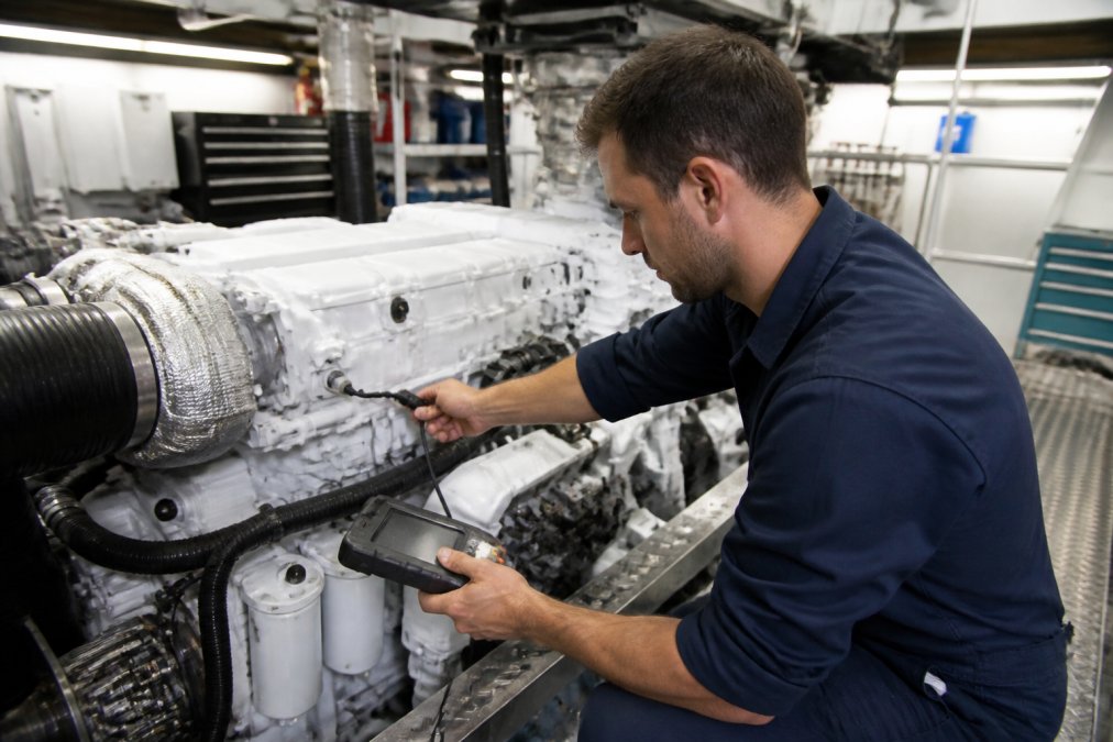 Marine technician performing engine diagnostics on an inboard motor with specialized diagnostic equipment visible in a professional shipyard, surrounded by tools and engine components in bright workshop lighting