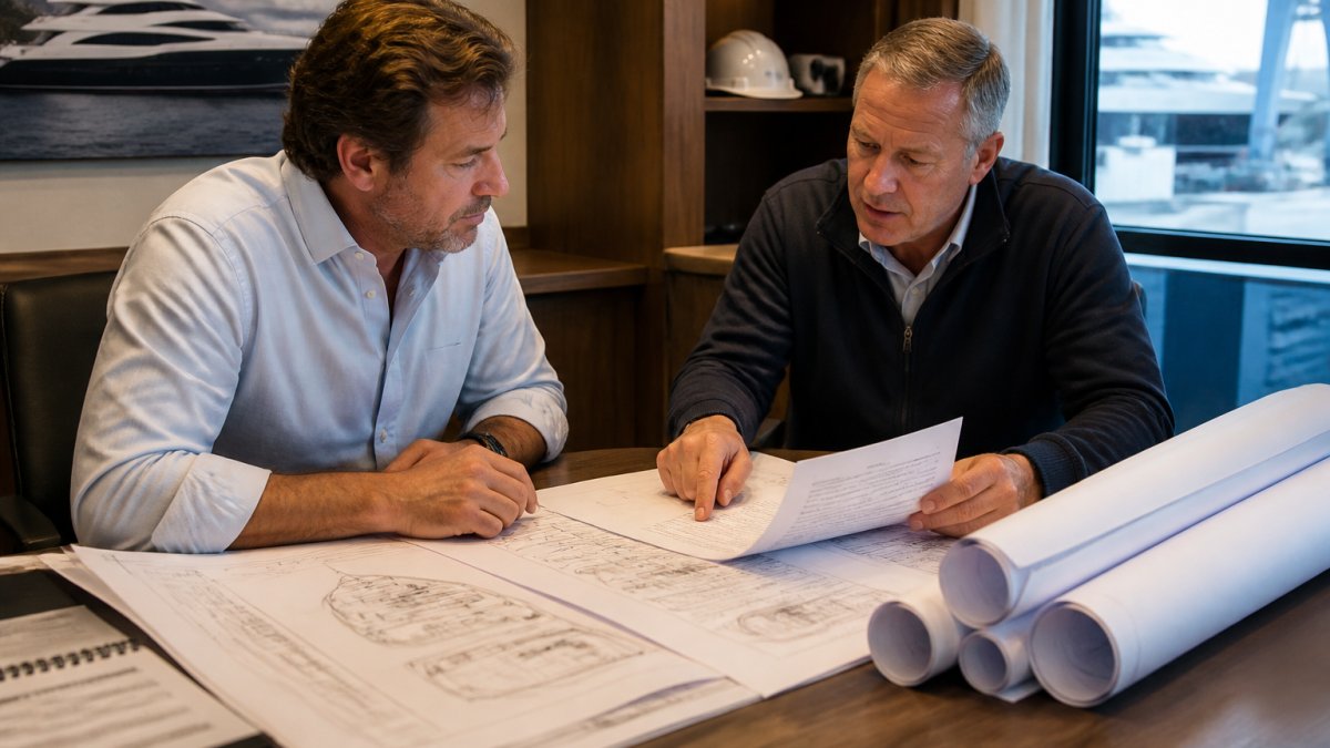 Infographic flowchart for yacht refit contracts showing the steps to review blueprints and legal documents.
