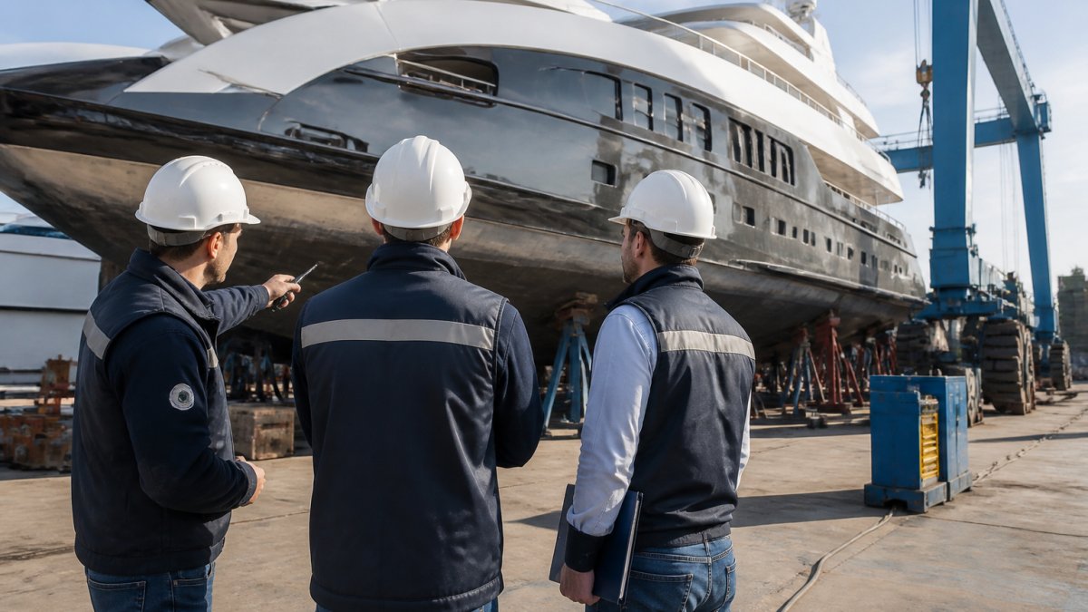 Shipyard team inspecting a yacht in dry dock for a yacht refit project management plan