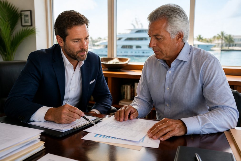 Financial advisor and yacht owner in professional office setting reviewing tax planning documents, depreciation schedules, and ownership structure charts on computer screen with natural office lighting