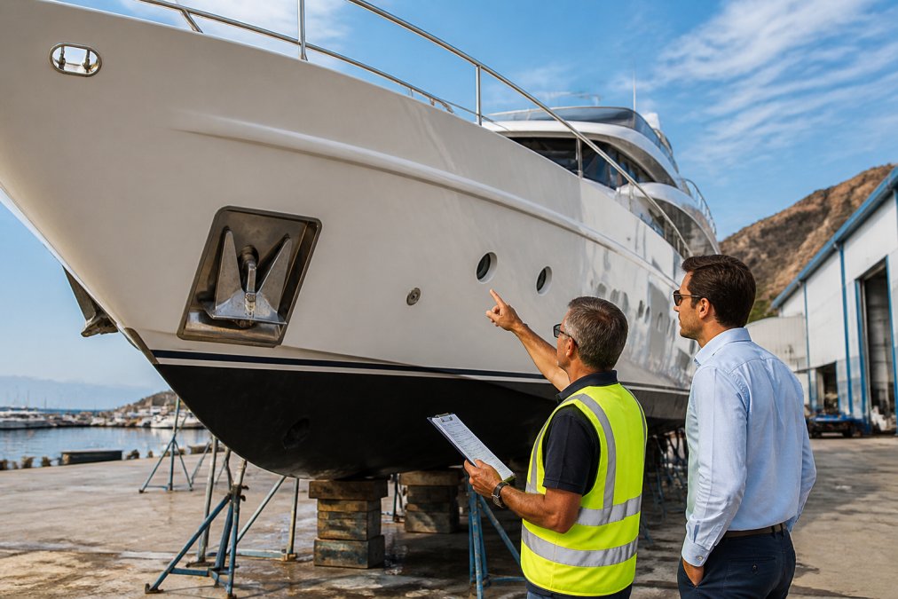 Marine surveyor inspecting a motor yacht hull to determine yacht valuation at a shipyard with the owner present.