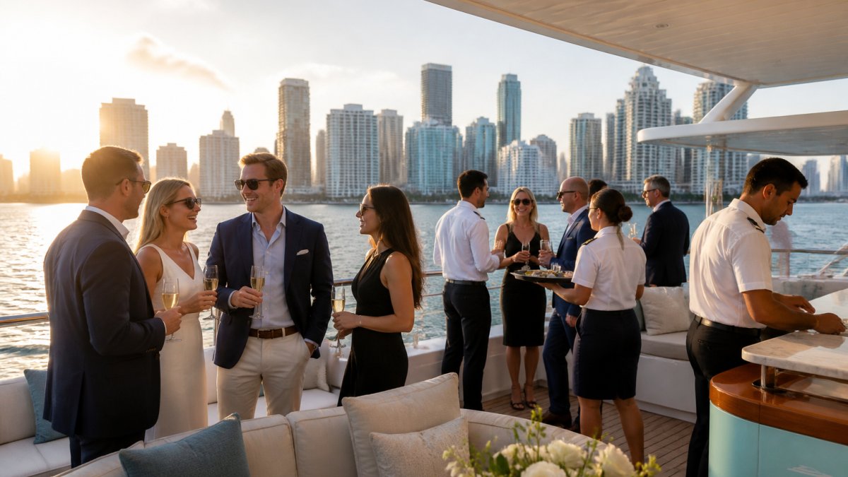 Corporate guests mingling on a yacht flybridge at sunset with the Miami skyline in the background