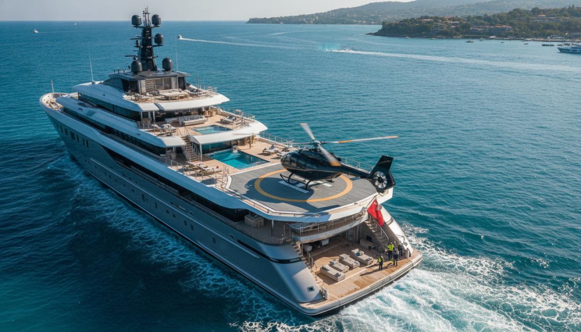 Aerial view of a luxury superyacht with a helicopter landing on the helipad, ocean backdrop, sunny Mediterranean day