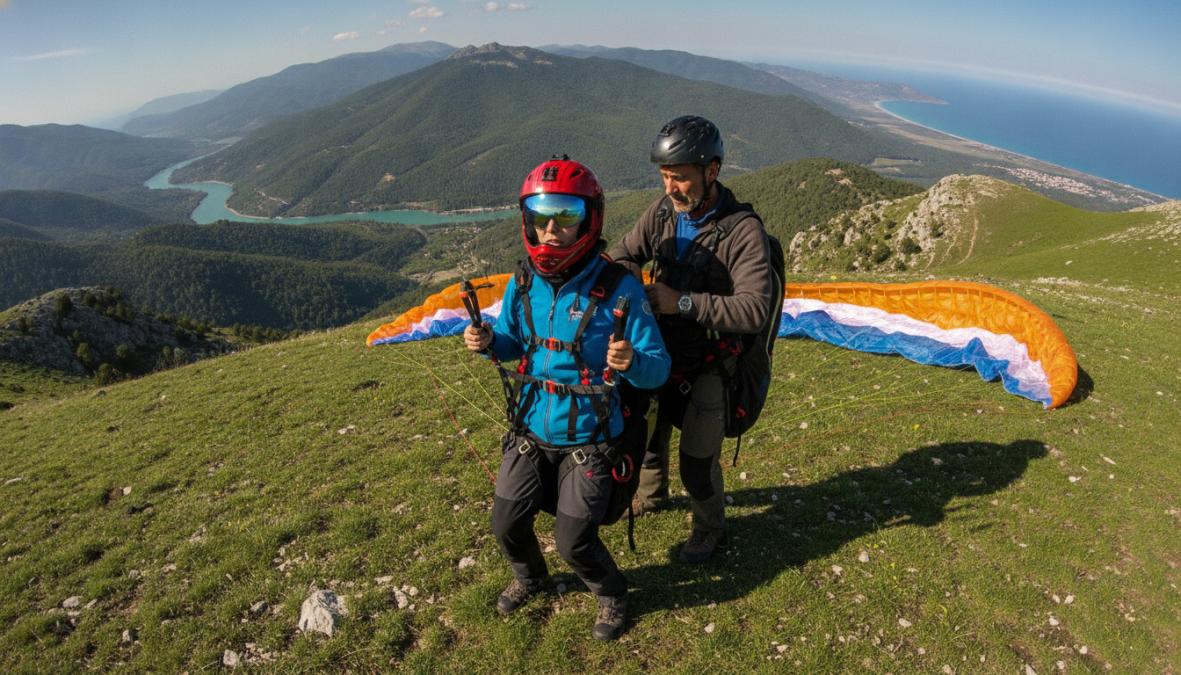 Bir pilot eğitmenle birlikte dağlık arazide kalkış pozisyonunda hazırlık yapıyor, gözlük ve başlık takılı, rüzgar kontrolü için pozisyon alıyor, sabah ışığında