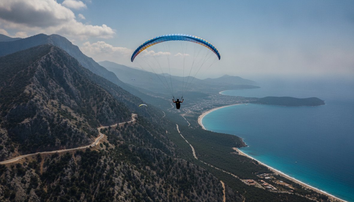 Paraşütçü mavi gökyüzünde, Babadağ dağlarının ve Fethiye'nin deniz manzarasının arka planında, geniş açı ile çekilmiş dinamik uçuş sahnesi