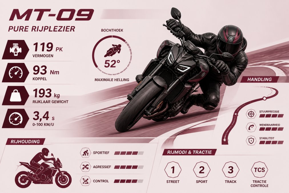 Ervaren motorrijder voert agressieve bocht uit op Yamaha MT-09 op circuit, toont dynamische handling en sportieve houding