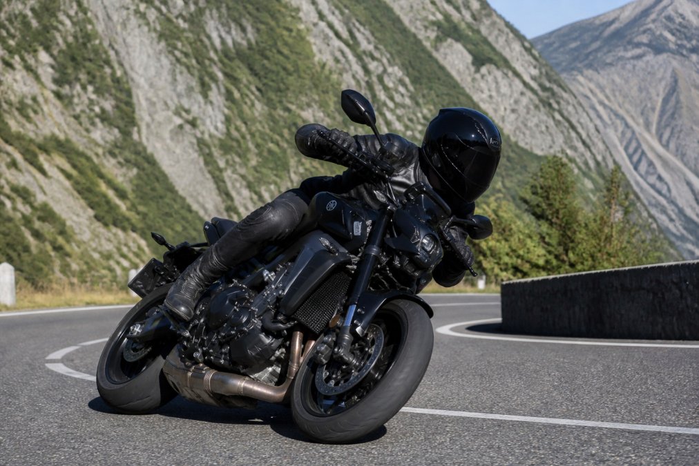 Ervaren motorrijder op een Yamaha MT-09 in dynamische rijhouding op een kronkelende bergweg, lichaam naar beneden hangend in een volle bocht, landschap scherp op achtergrond