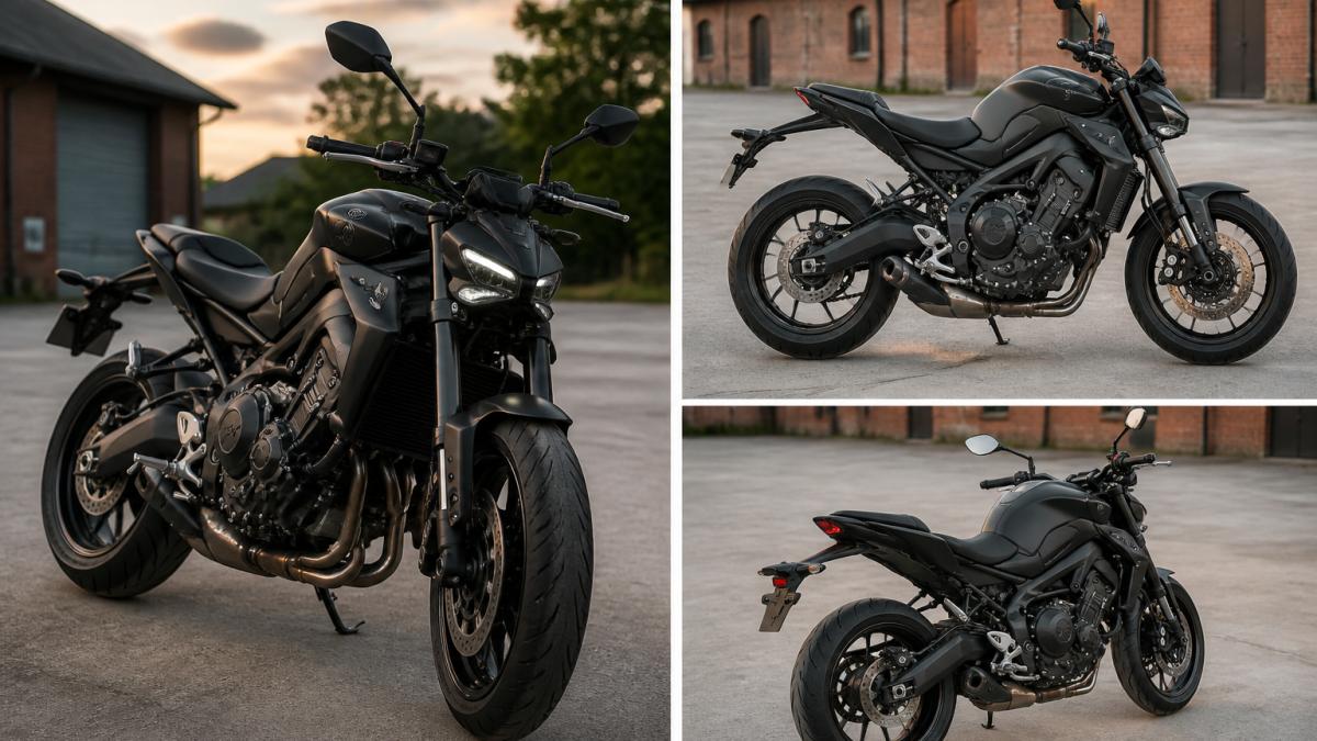 Matzwarte naked bike met zichtbaar driecilinder motorblok op een lege binnenplaats tijdens het avondlicht.