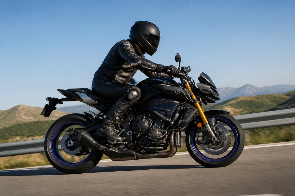 Zijaanzicht van een Yamaha MT10 in rijpositie met focus op de Öhlins-ophanging, chassis en sportieve carrosserie onder helder daglicht