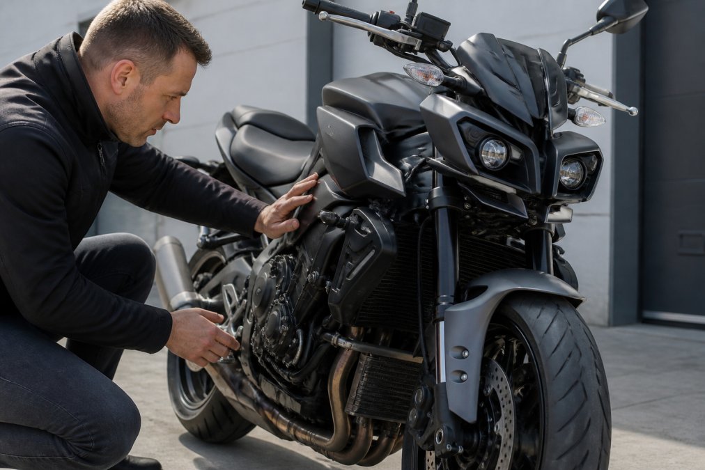 Ervaren motorrijder inspecteert voorkant en motorblok van een tweedehands Yamaha MT10, controleren onderhoudspunten en motorconditie in daglicht