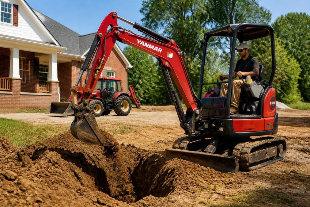 Compact Yanmar equipment mini excavator digging a residential trench with a utility tractor parked nearby.