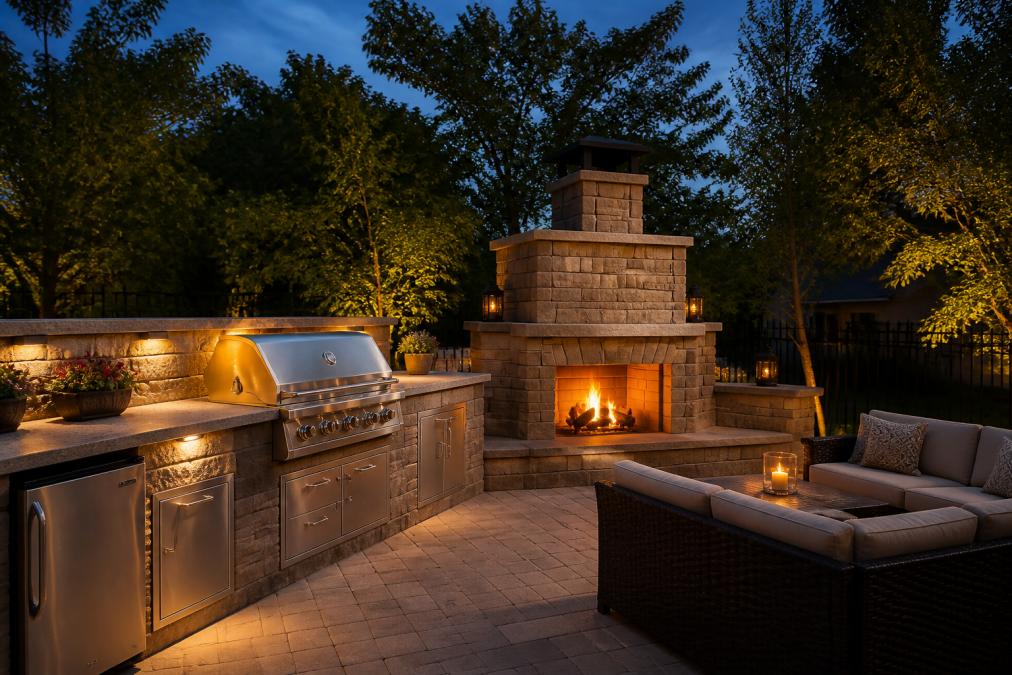 A completed backyard outdoor kitchen with a stone fireplace, built-in grill, and seating area at dusk, warm lighting on the patio