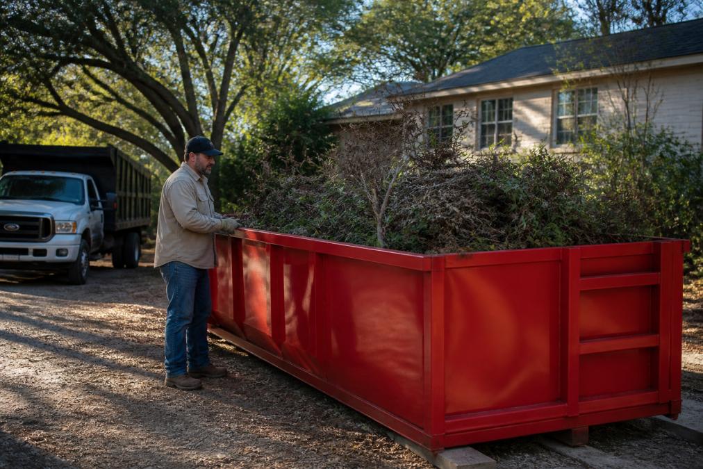 A landscaping professional in work clothes and gloves standing beside a roll-off dumpster filled with branches and yard trimmings on a residential job site, morning light, work truck parked nearby