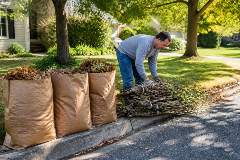 Infographic showing the proper curbside preparation process for efficient yard waste removal using bundled branches and bags.